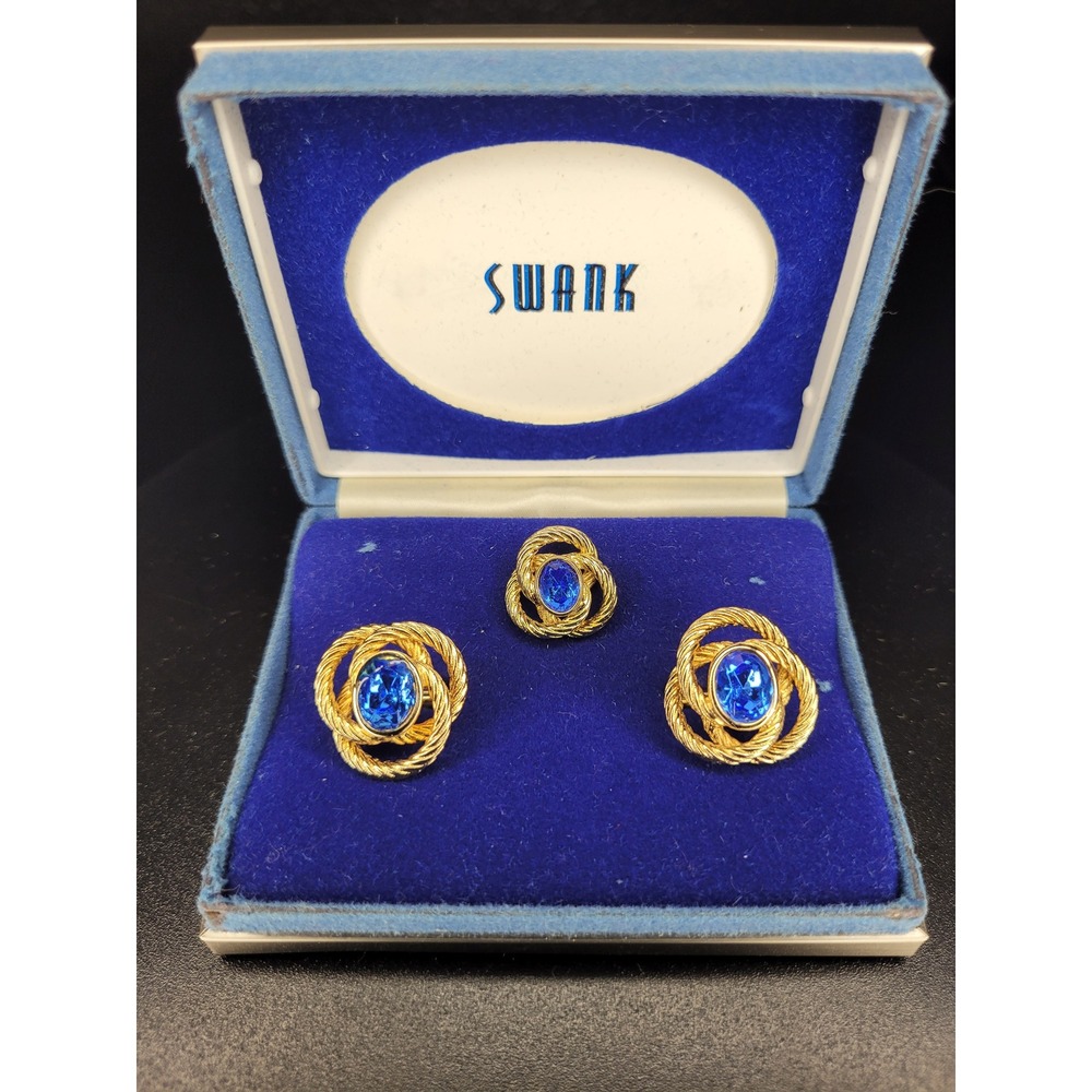 Swank Cufflink Tie Tack Set Gold Tone Blue Stone Textured Rope Knot Excellent